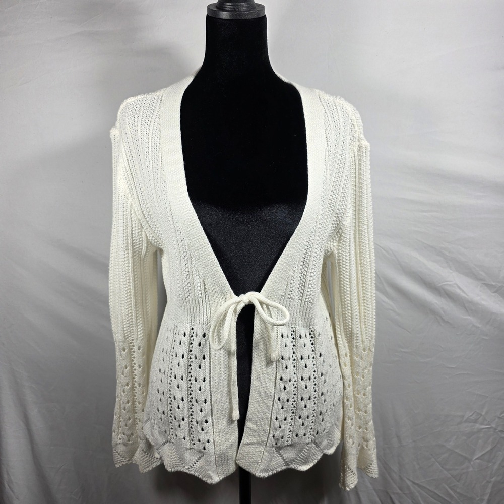Greige Womens White Pointelle Tie Front Cardigan Sweater Knit Scalloped Hem Sz M
